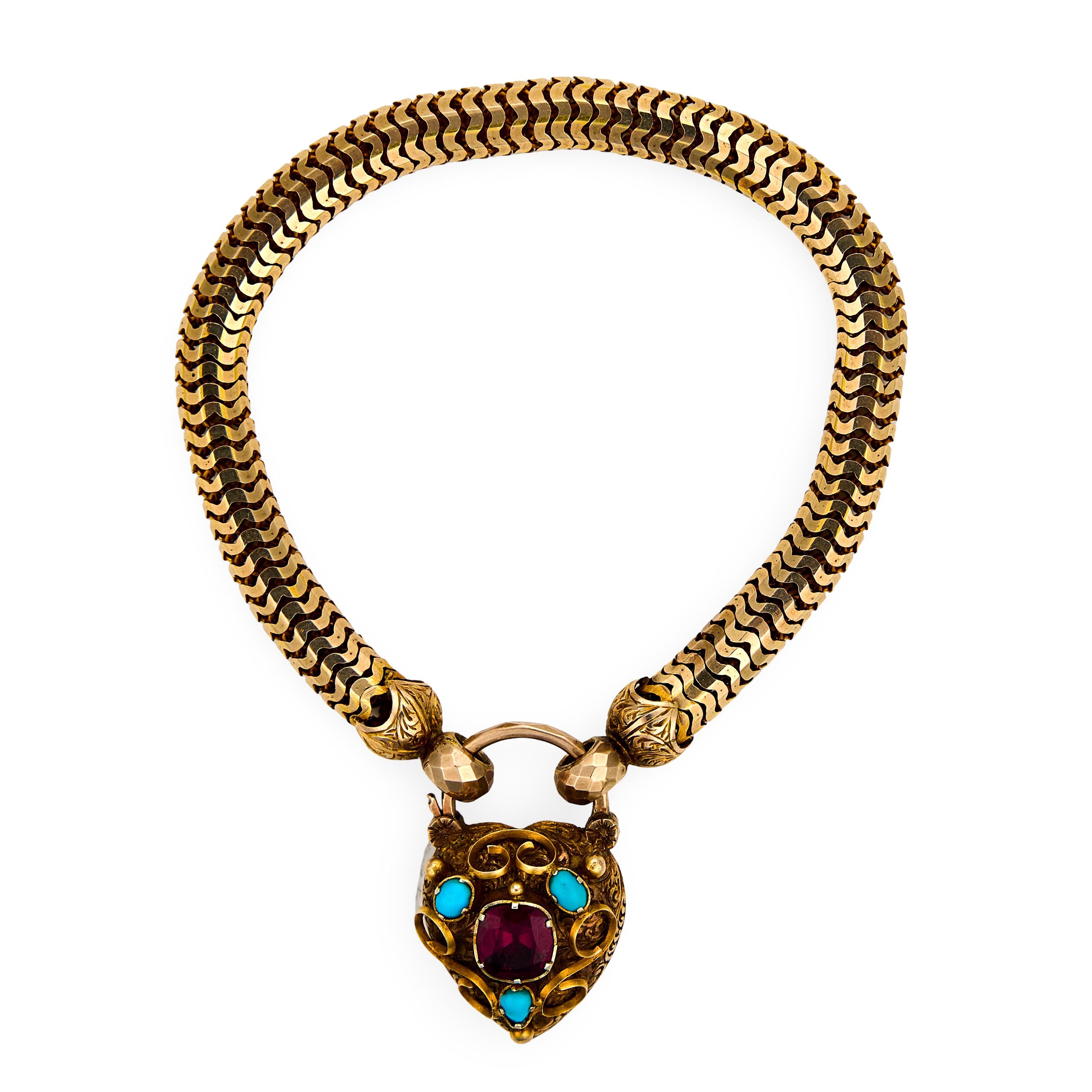 Victorian garnet turquoise 9k yellow gold heart lock bracelet