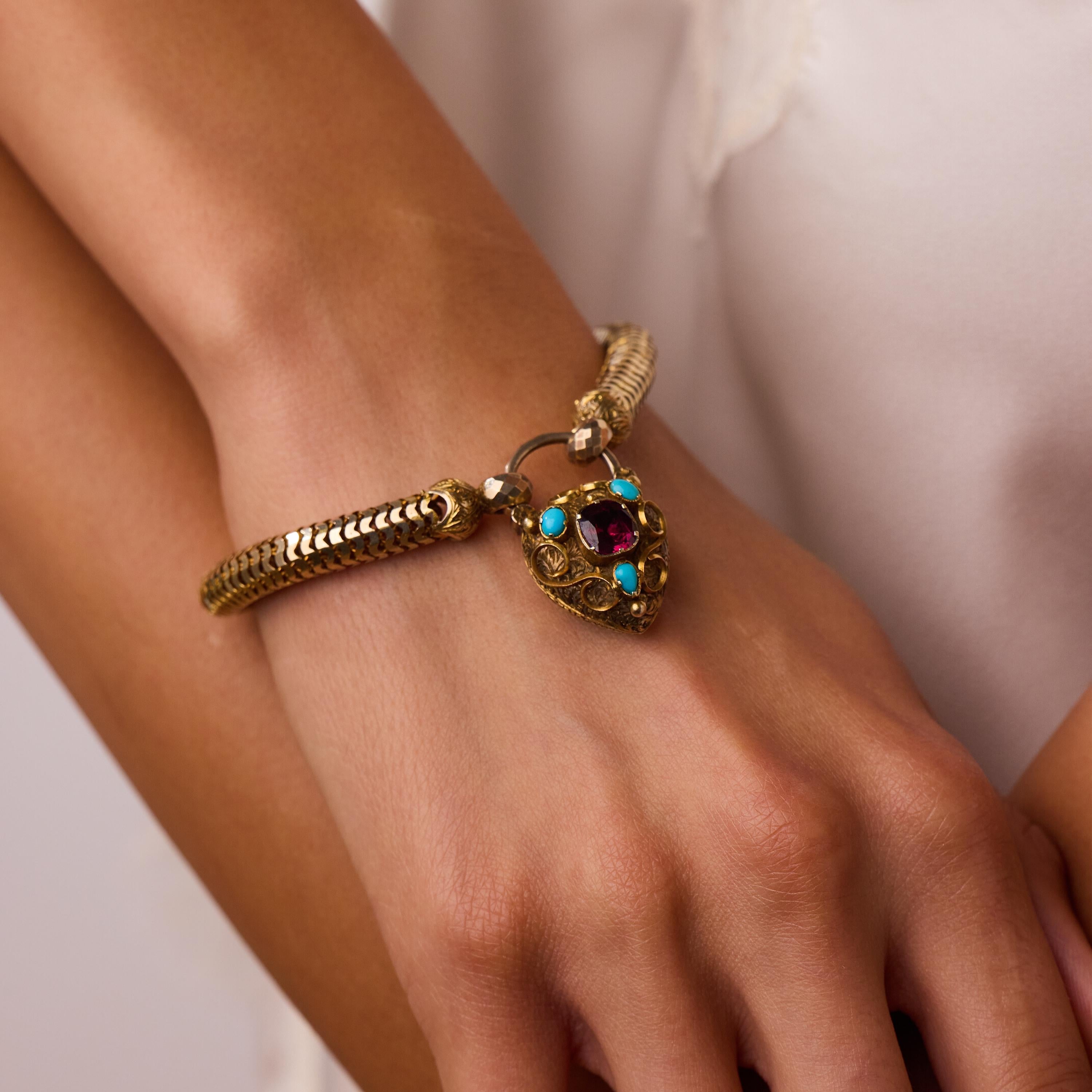 Victorian garnet turquoise 9k yellow gold heart lock bracelet