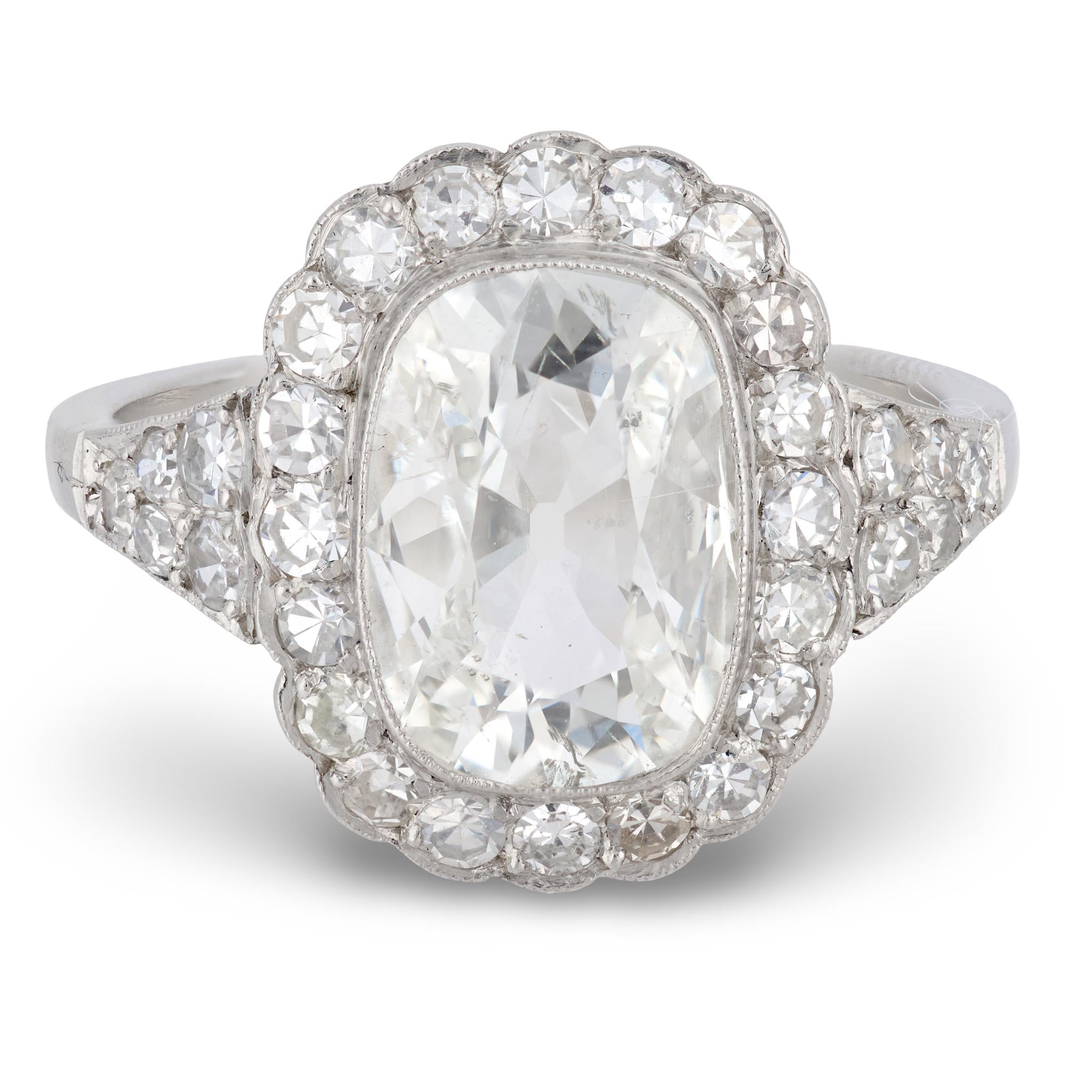 GIA 2.03 carat old mine cut diamond platinum engagement cluster ring