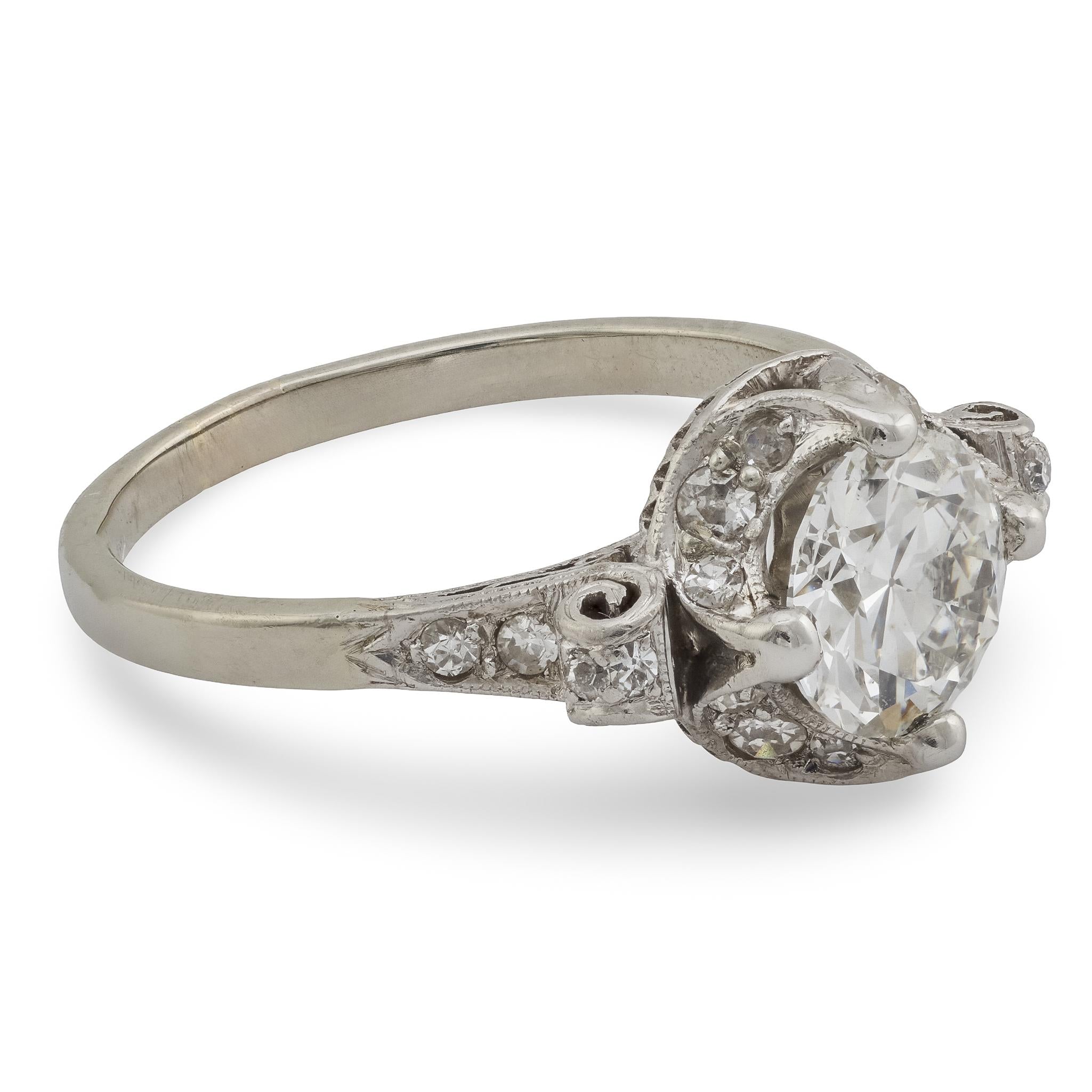 Art Deco GIA 1.41 carat diamond platinum 18k white gold engagement ring