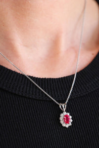 Ruby & Diamond Halo Pendant with Platinum Chain