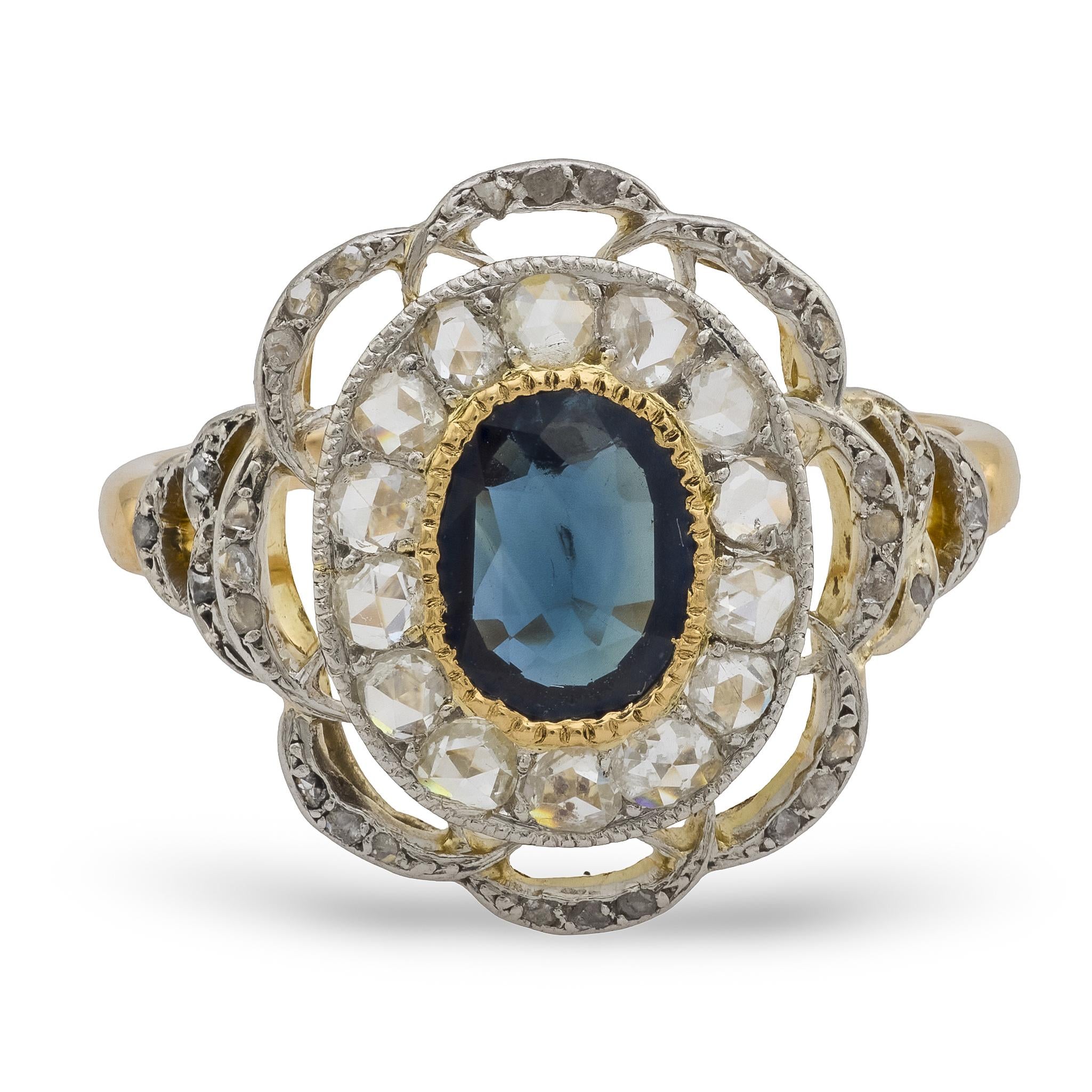 Art Deco style sapphire diamond 18k yellow gold and platinum cocktail ring