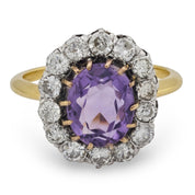 Mid Century amethyst diamond 18k yellow gold platinum cluster ring