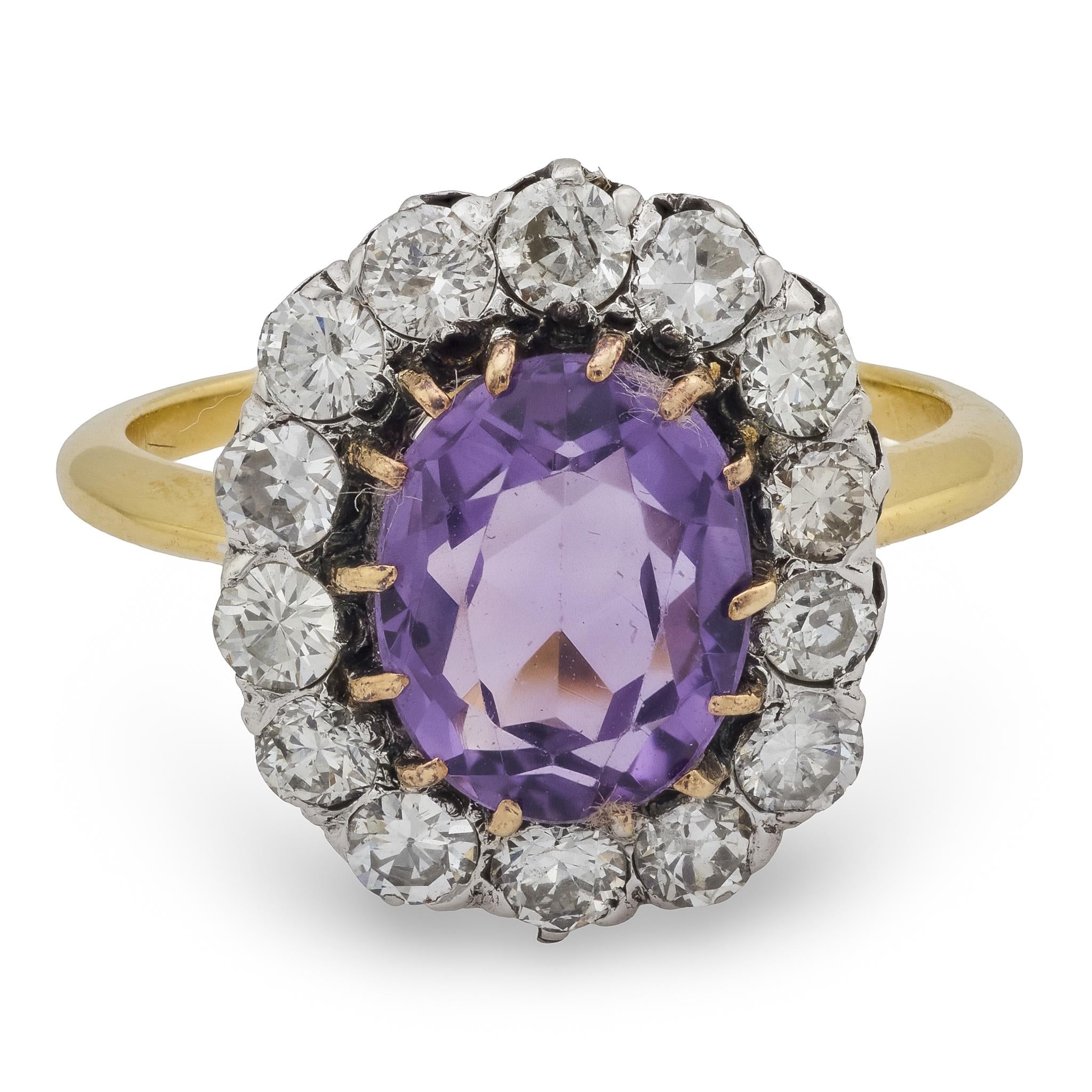 Mid Century amethyst diamond 18k yellow gold platinum cluster ring