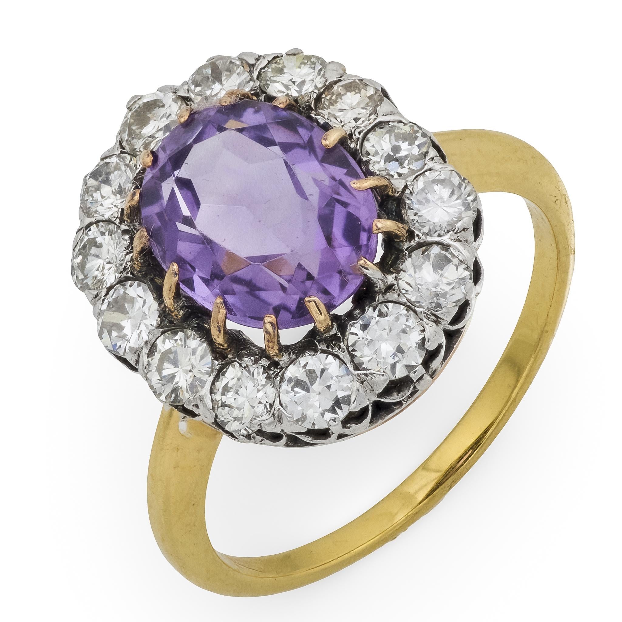 Mid Century amethyst diamond 18k yellow gold platinum cluster ring