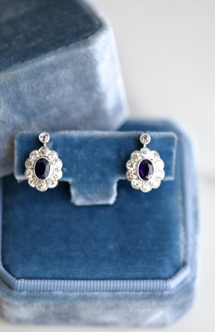 Synthetic Sapphire Diamond 14k White Gold Cluster Earrings