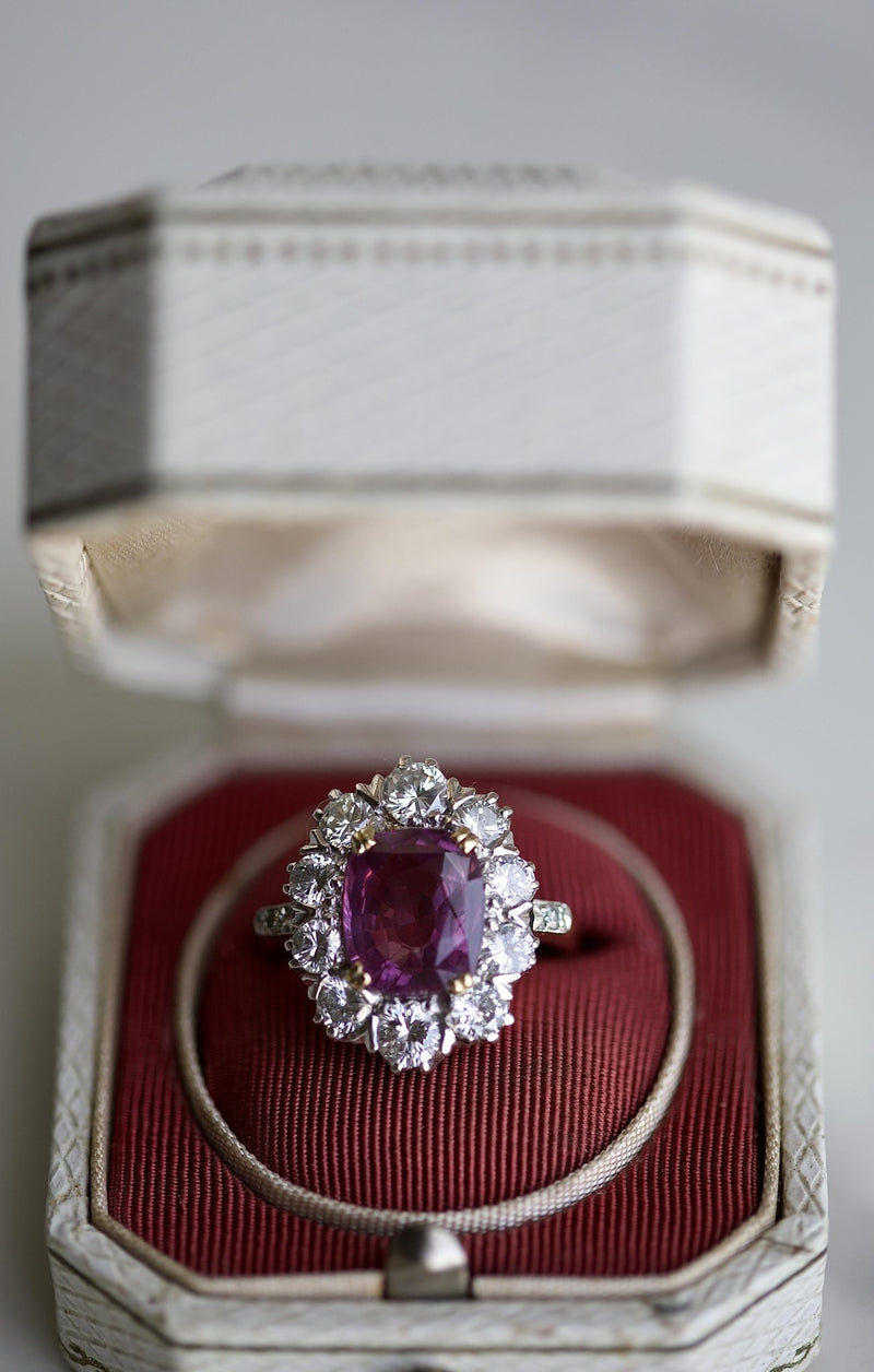 Mid-Century No Heat Pink Sapphire Diamond Gold Cluster Ring