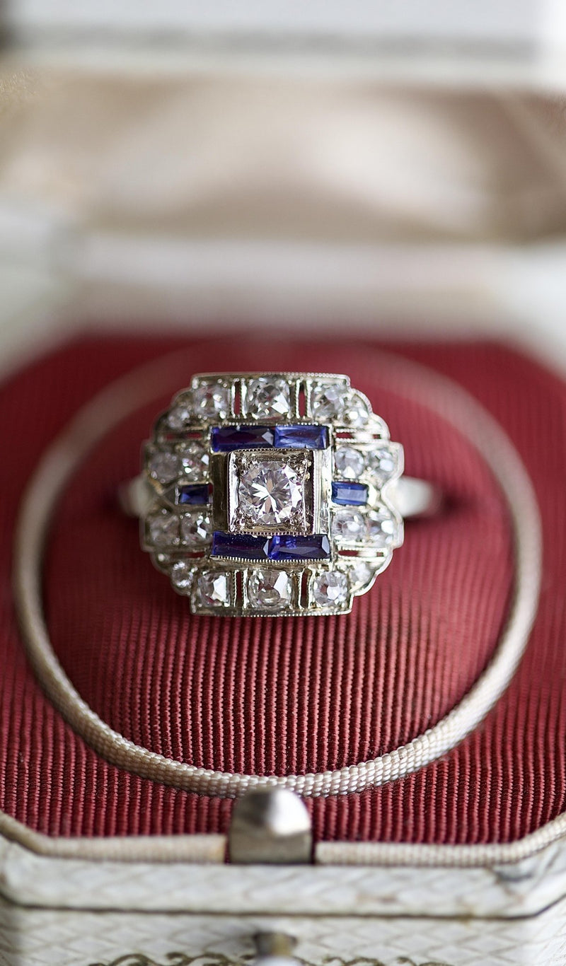 Art Deco Diamond Sapphire White Gold Ring