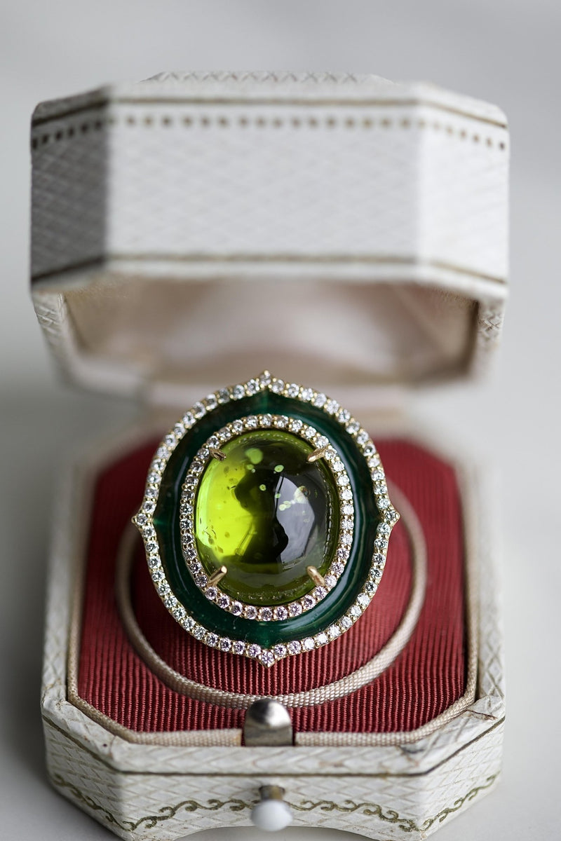 Hubert Peridot Diamond Enamel Yellow Gold Cocktail Ring