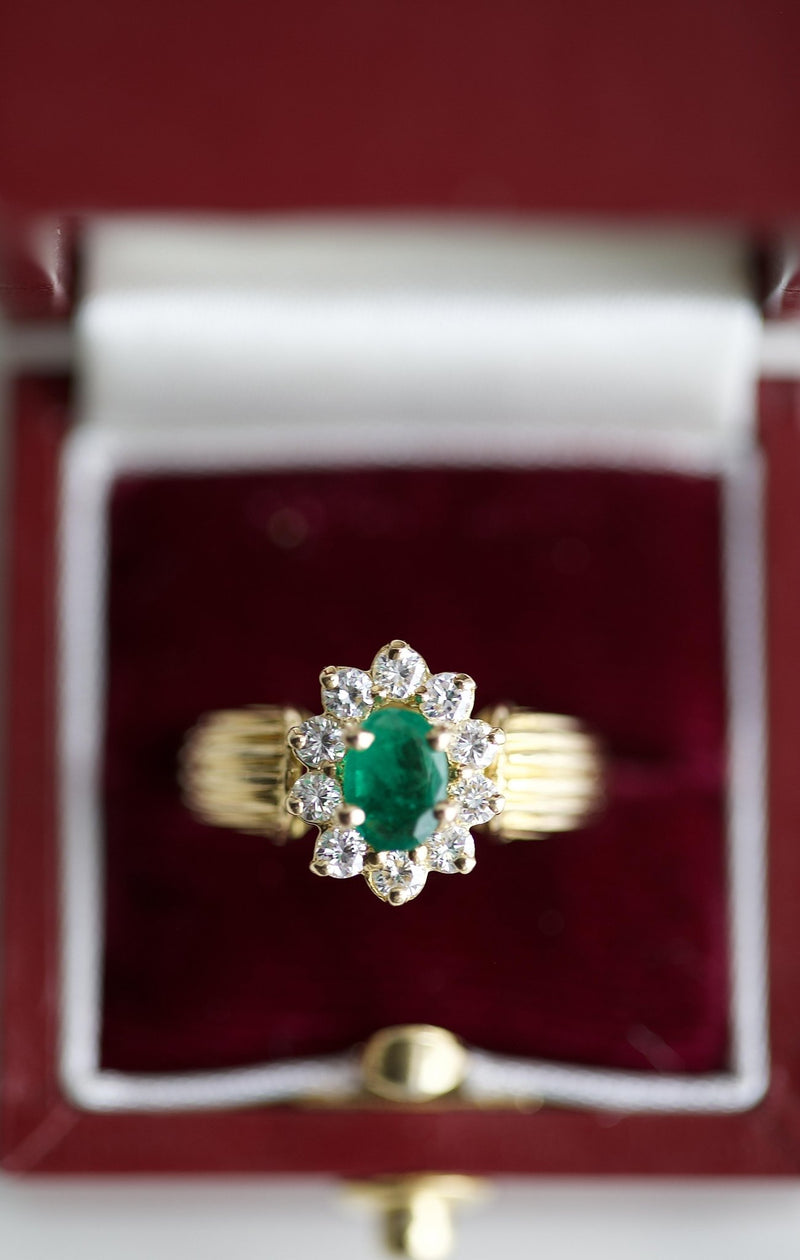 Emerald Diamond Yellow Gold Cluster Ring