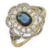 Art Deco style sapphire diamond 18k yellow gold and platinum cocktail ring