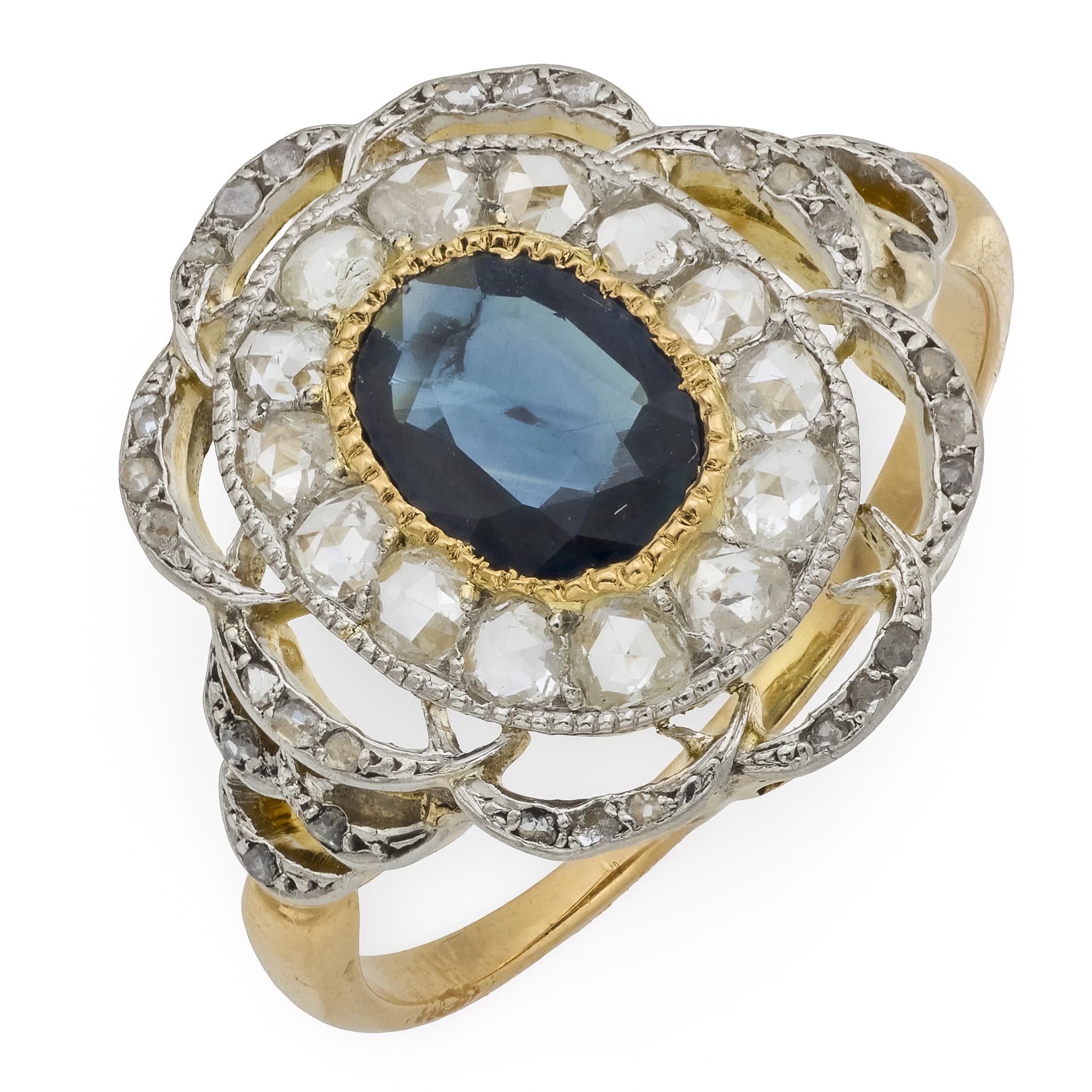 Art Deco style sapphire diamond 18k yellow gold and platinum cocktail ring