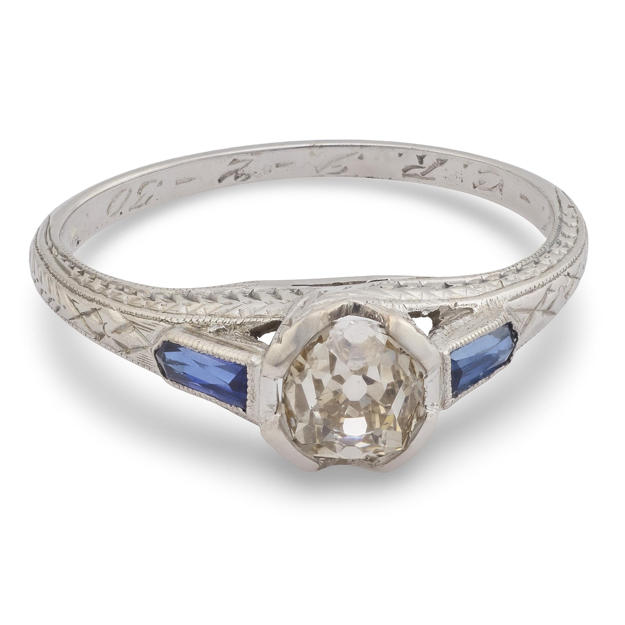 Art Deco diamond sapphire platinum engagement ring