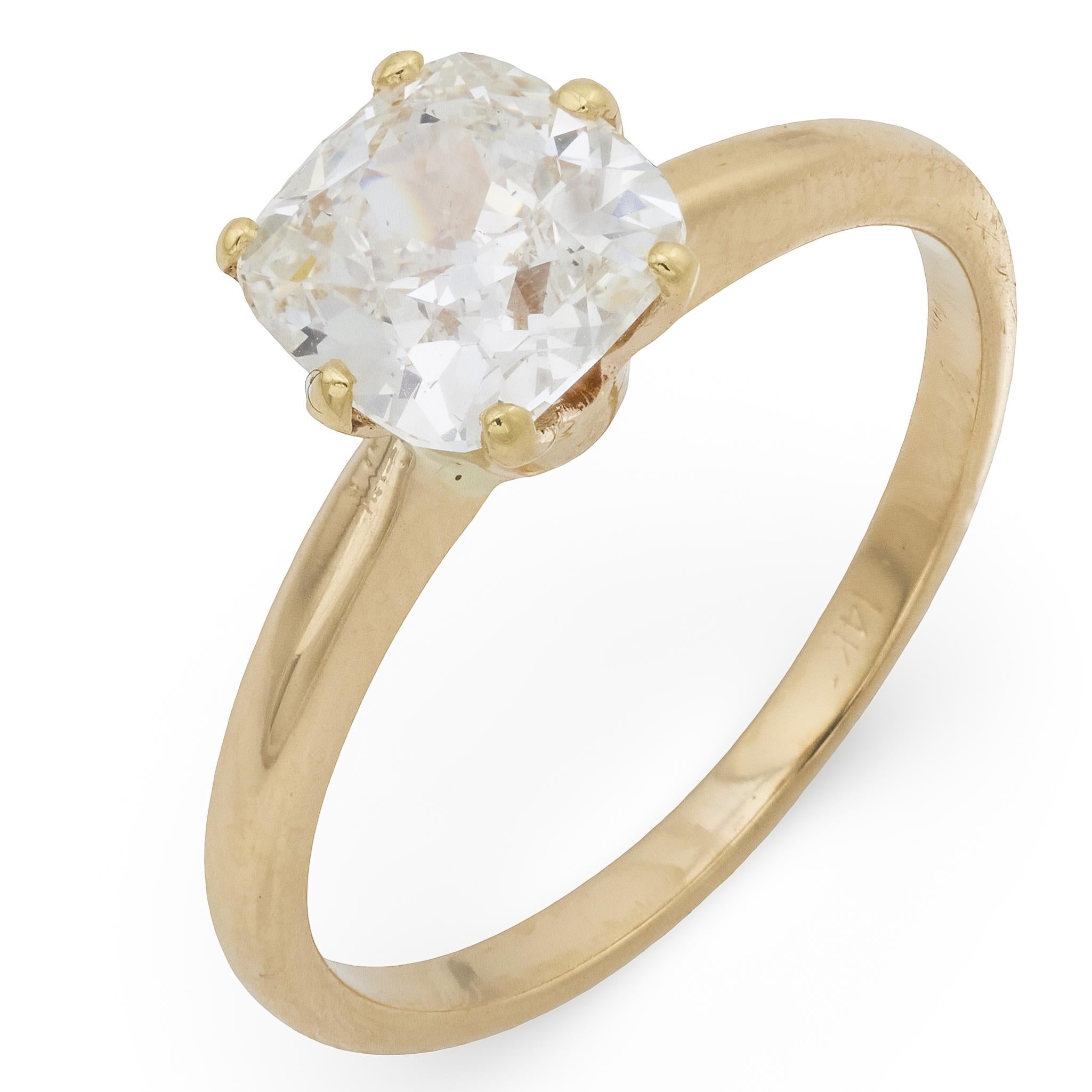 Vintage old mine cut diamond 14k yellow gold solitaire engagement ring