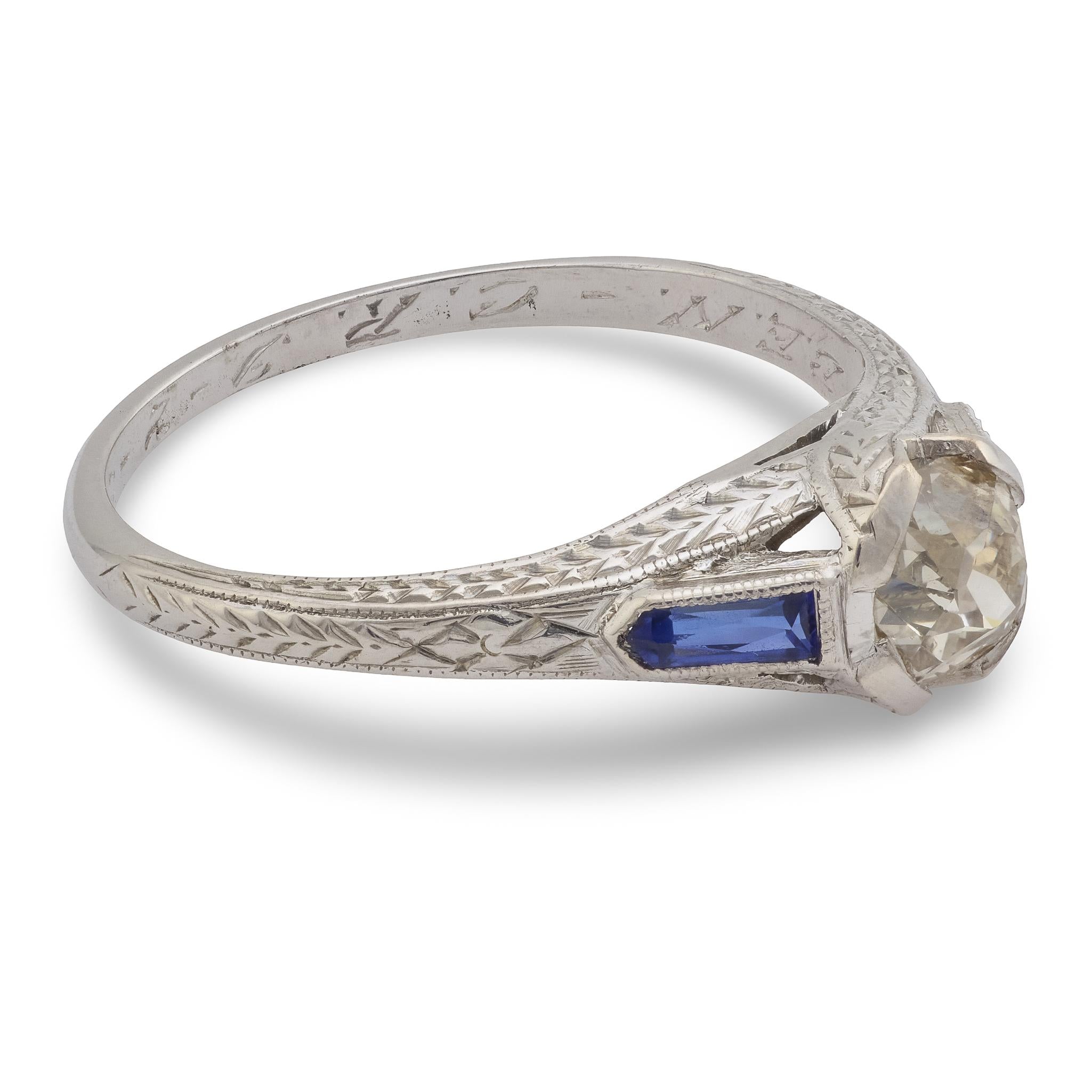 Art Deco diamond sapphire platinum engagement ring
