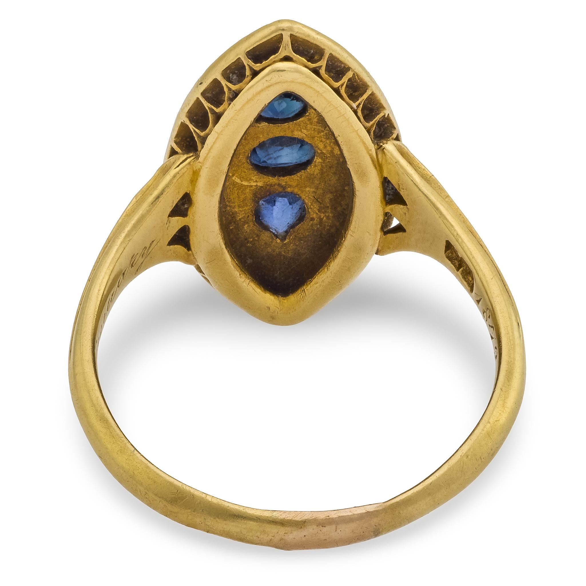 Victorian sapphire seed pearl 18k yellow gold navette ring