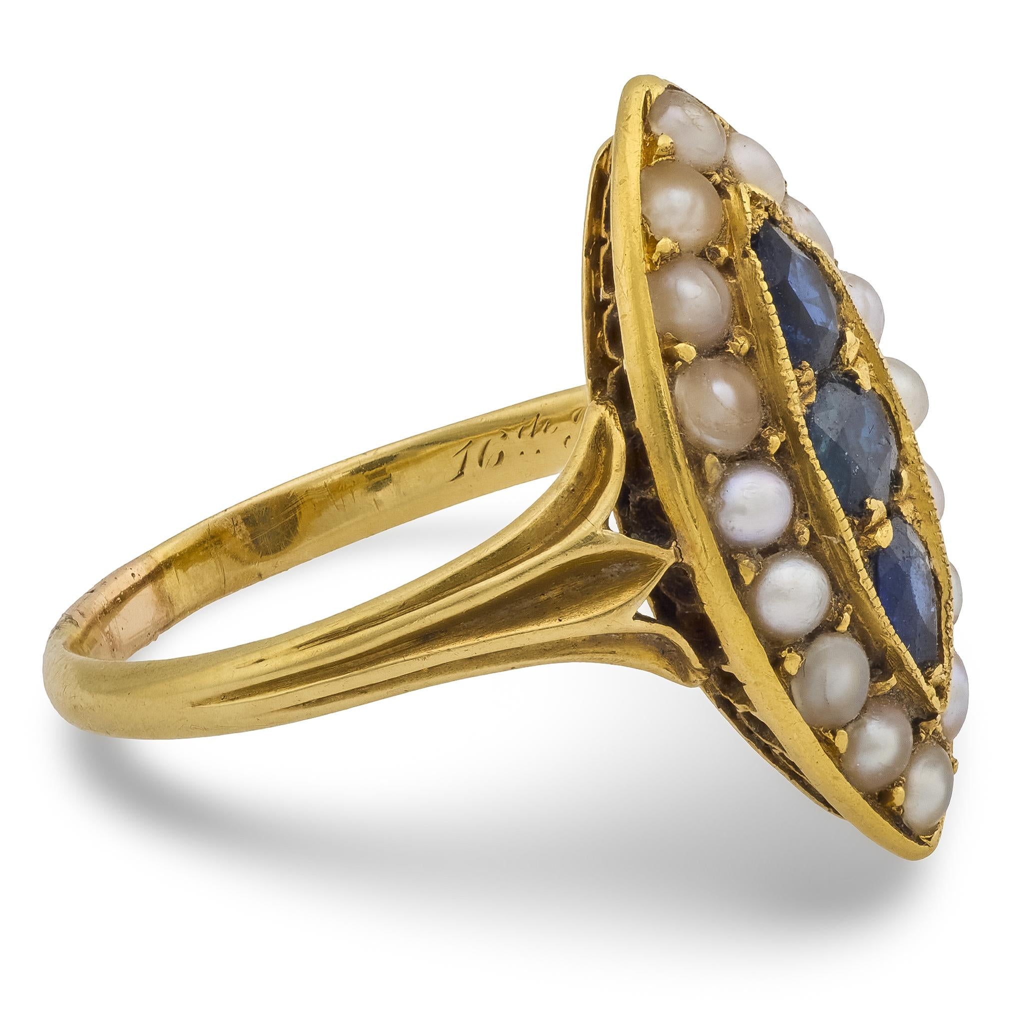 Victorian sapphire seed pearl 18k yellow gold navette ring