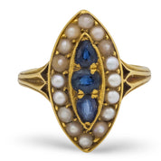 Victorian sapphire seed pearl 18k yellow gold navette ring