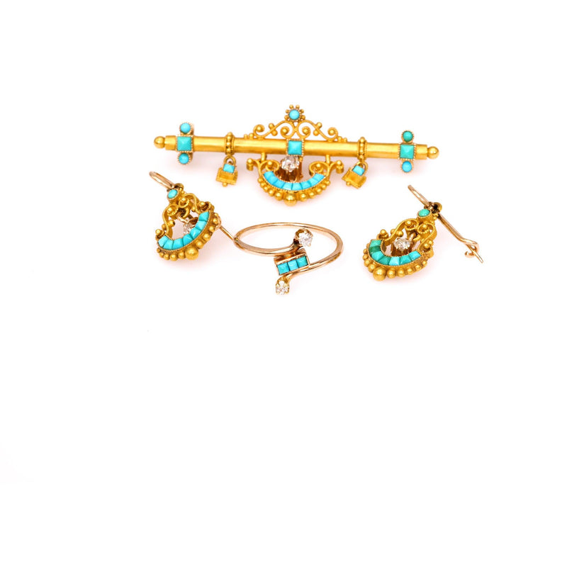 Antique Etruscan Revival Diamond and Turquoise Yellow Gold Demi Parure Set