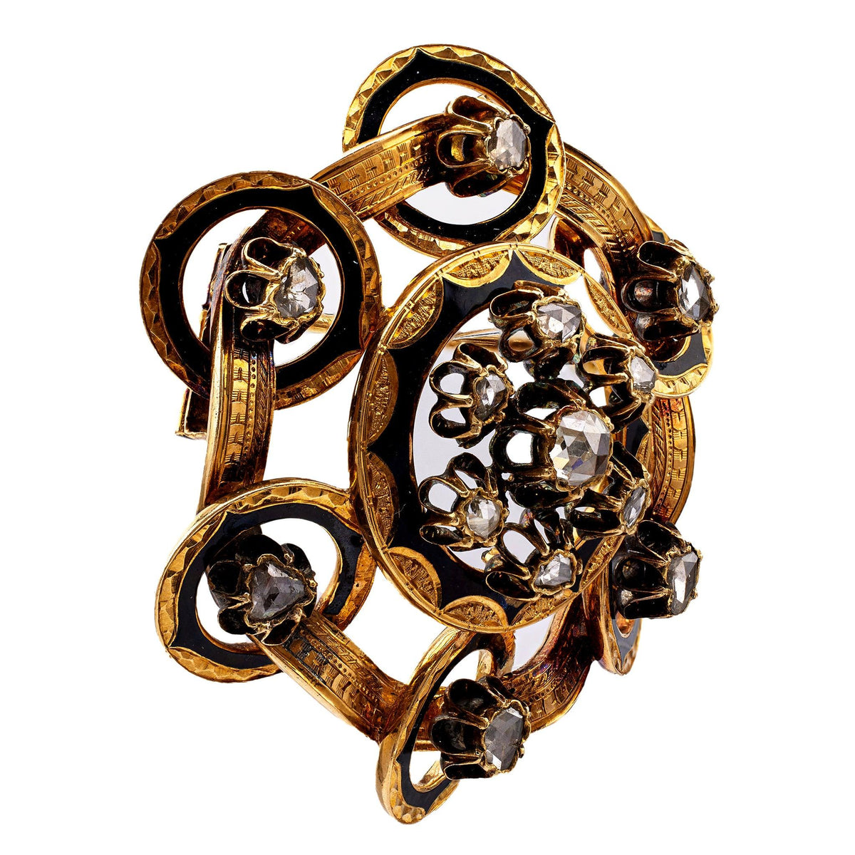 Antique French Rose Cut Diamond 18k Yellow Gold Black Enamel Brooch