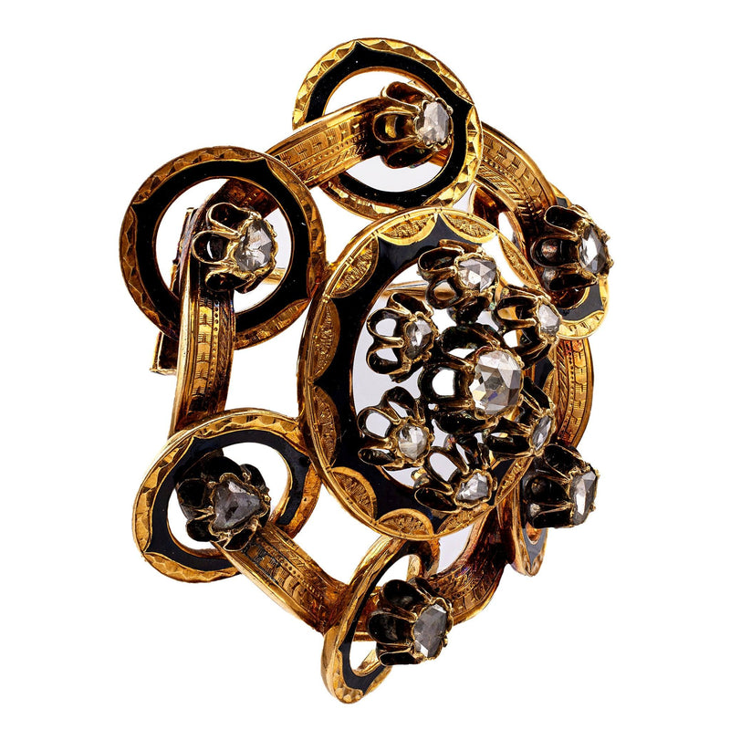 Antique French Rose Cut Diamond 18k Yellow Gold Black Enamel Brooch