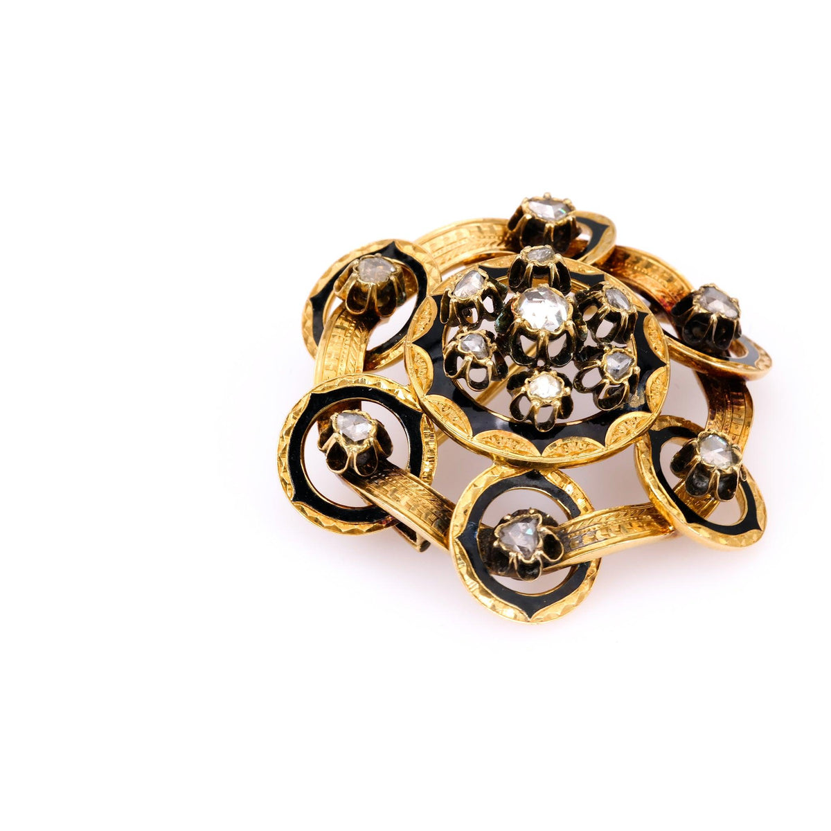 Antique French Rose Cut Diamond 18k Yellow Gold Black Enamel Brooch