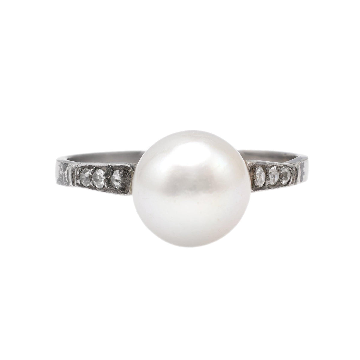 Antique GIA Pearl and Diamond Platinum Silver Ring