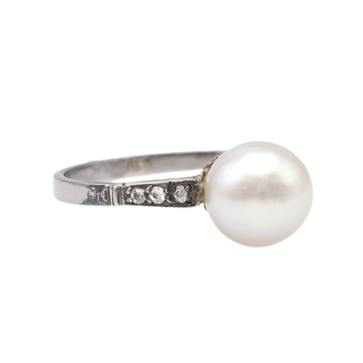 Antique GIA Pearl and Diamond Platinum Silver Ring