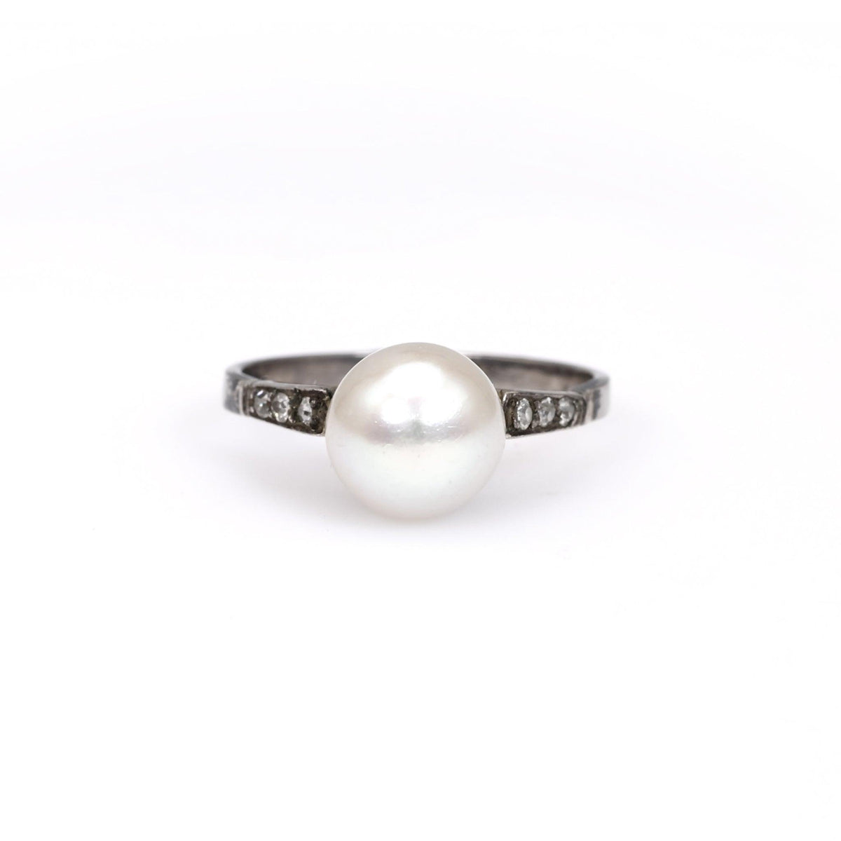 Antique GIA Pearl and Diamond Platinum Silver Ring