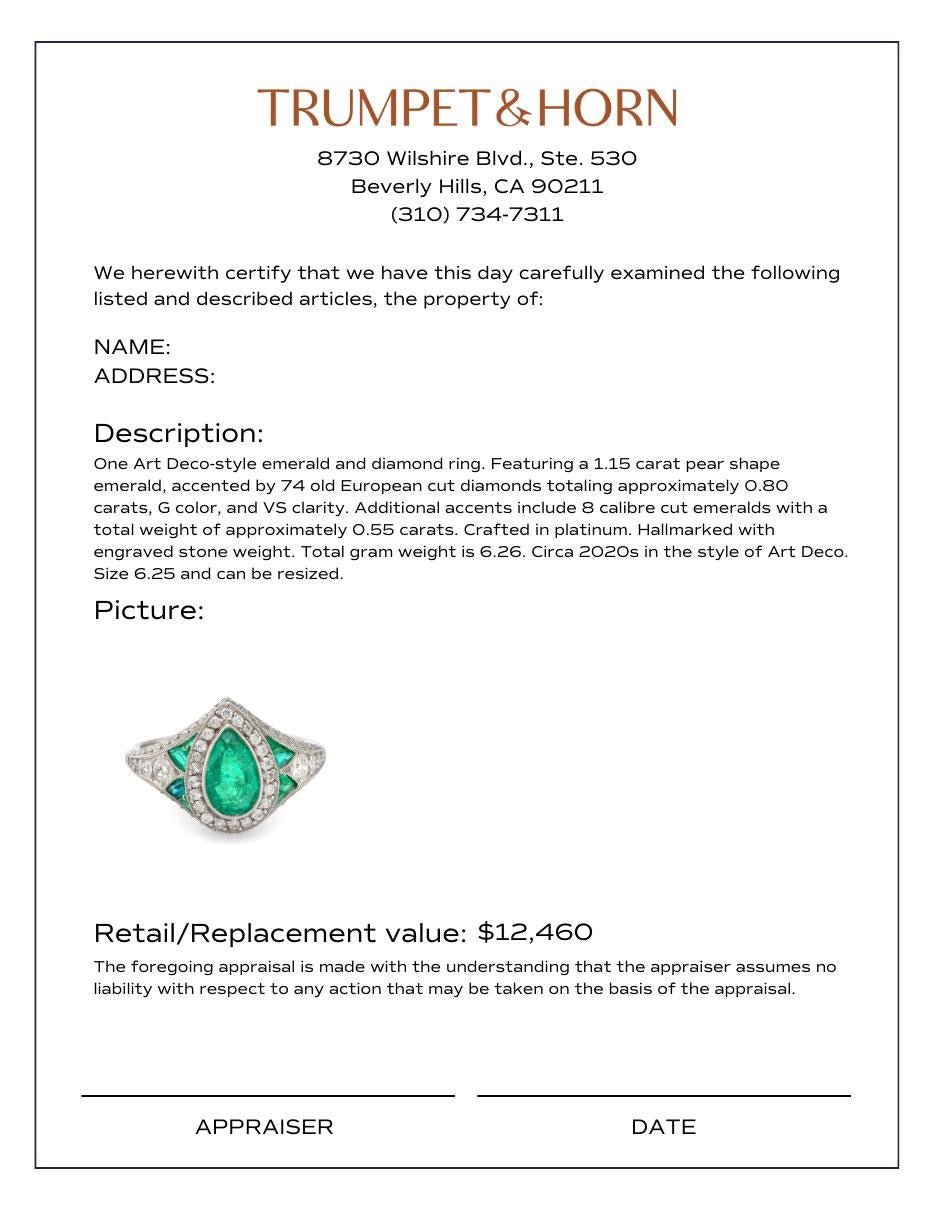 Art Deco style 1.15 carat emerald diamond platinum cocktail ring