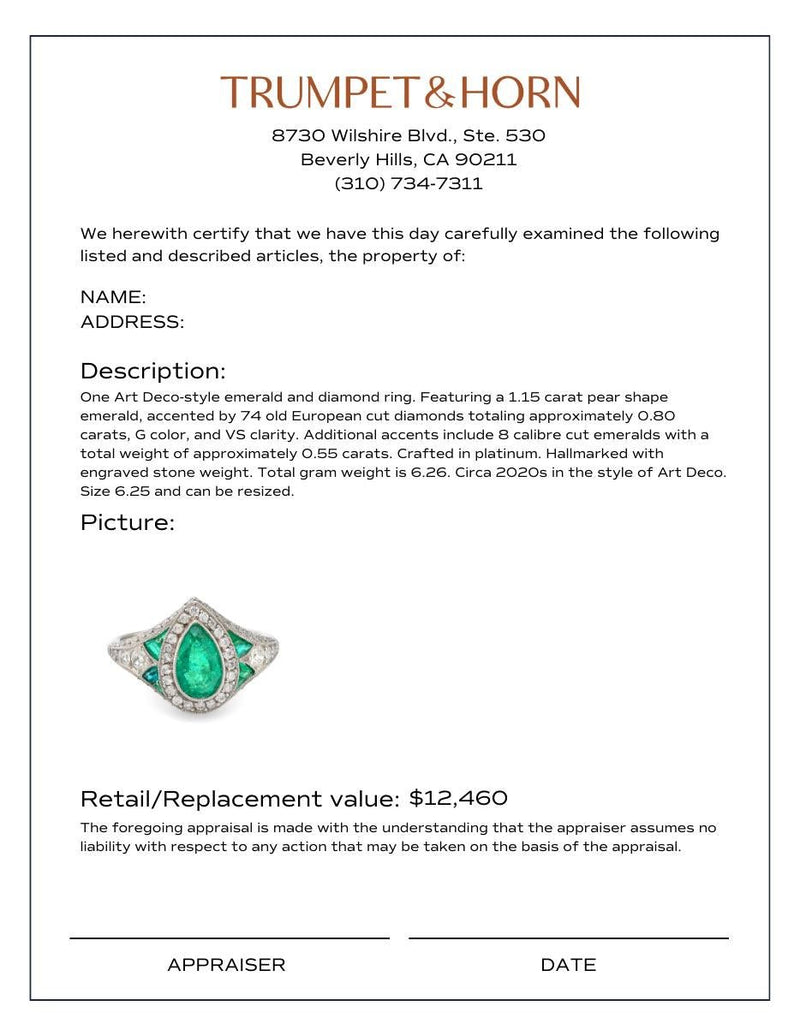 Art Deco style 1.15 carat emerald diamond platinum cocktail ring