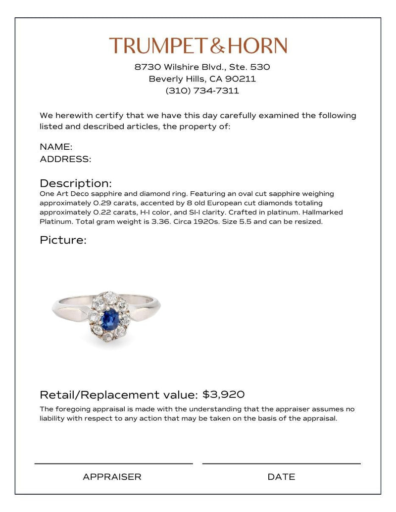 Art Deco sapphire diamond platinum halo ring