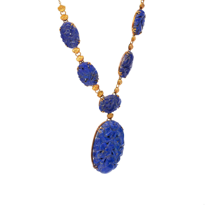 Art Deco Carved Lapis Lazuli 14k Yellow Gold Necklace