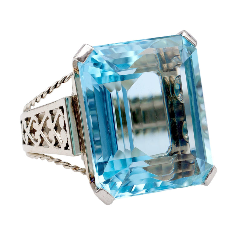 Art Deco French Aquamarine 18k White Gold Platinum Cocktail Ring