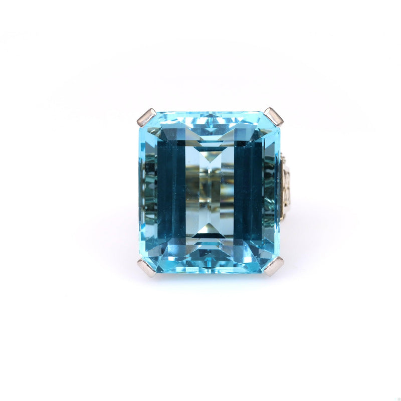 Art Deco French Aquamarine 18k White Gold Platinum Cocktail Ring