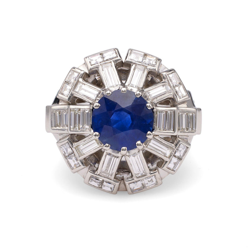 Art Deco French GIA 3.47 Carat Ceylon Sapphire Diamond Platinum Cocktail Ring