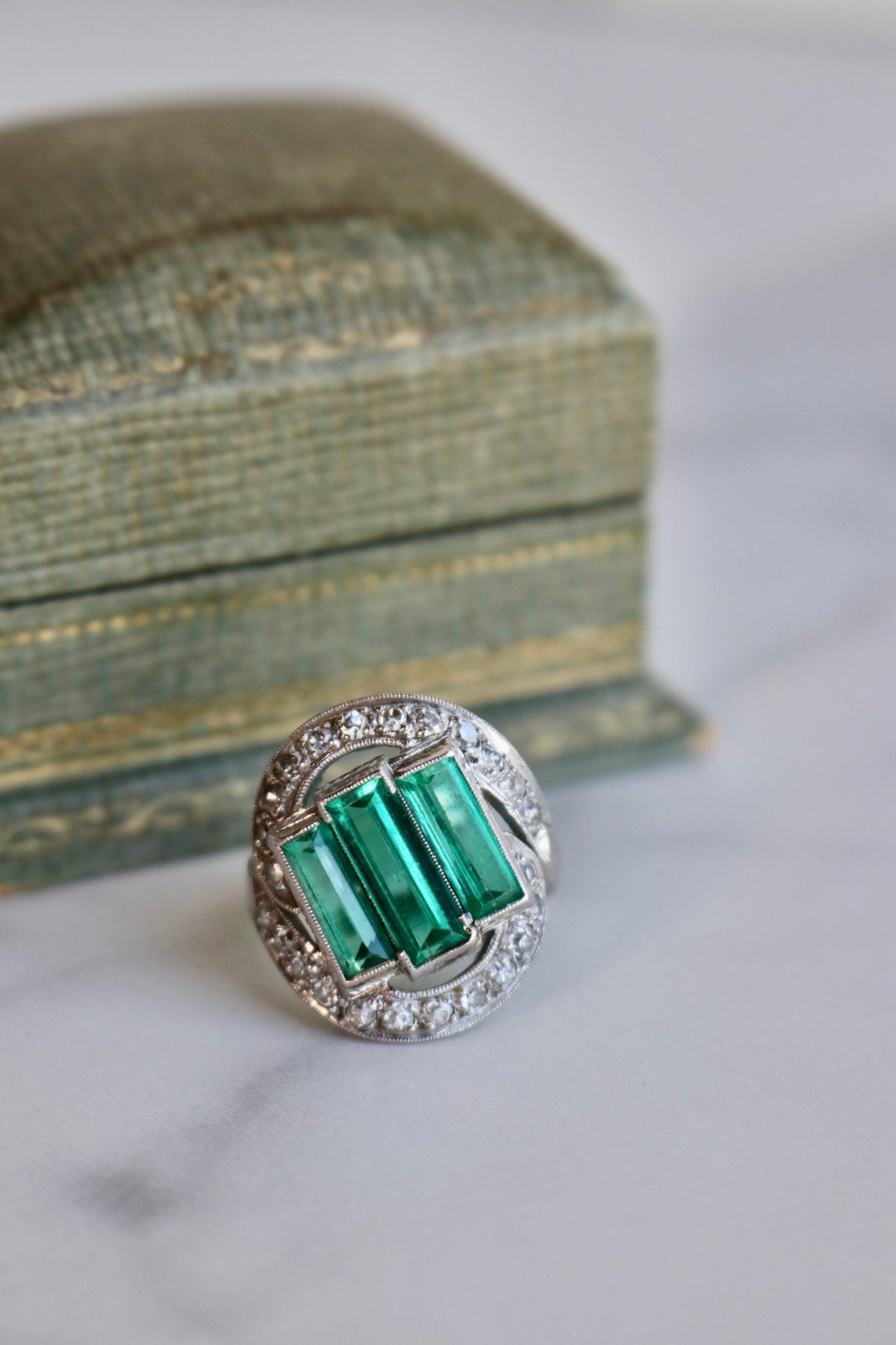 Art Deco GIA Colombian No Oil Emerald and Diamond Platinum Ring