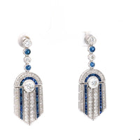 Art Deco Inspired Diamond Sapphire 14k White Gold Dangle Earrings