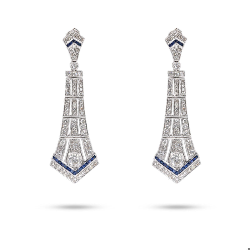 Art Deco Inspired Diamond Sapphire Platinum Dangle Earrings