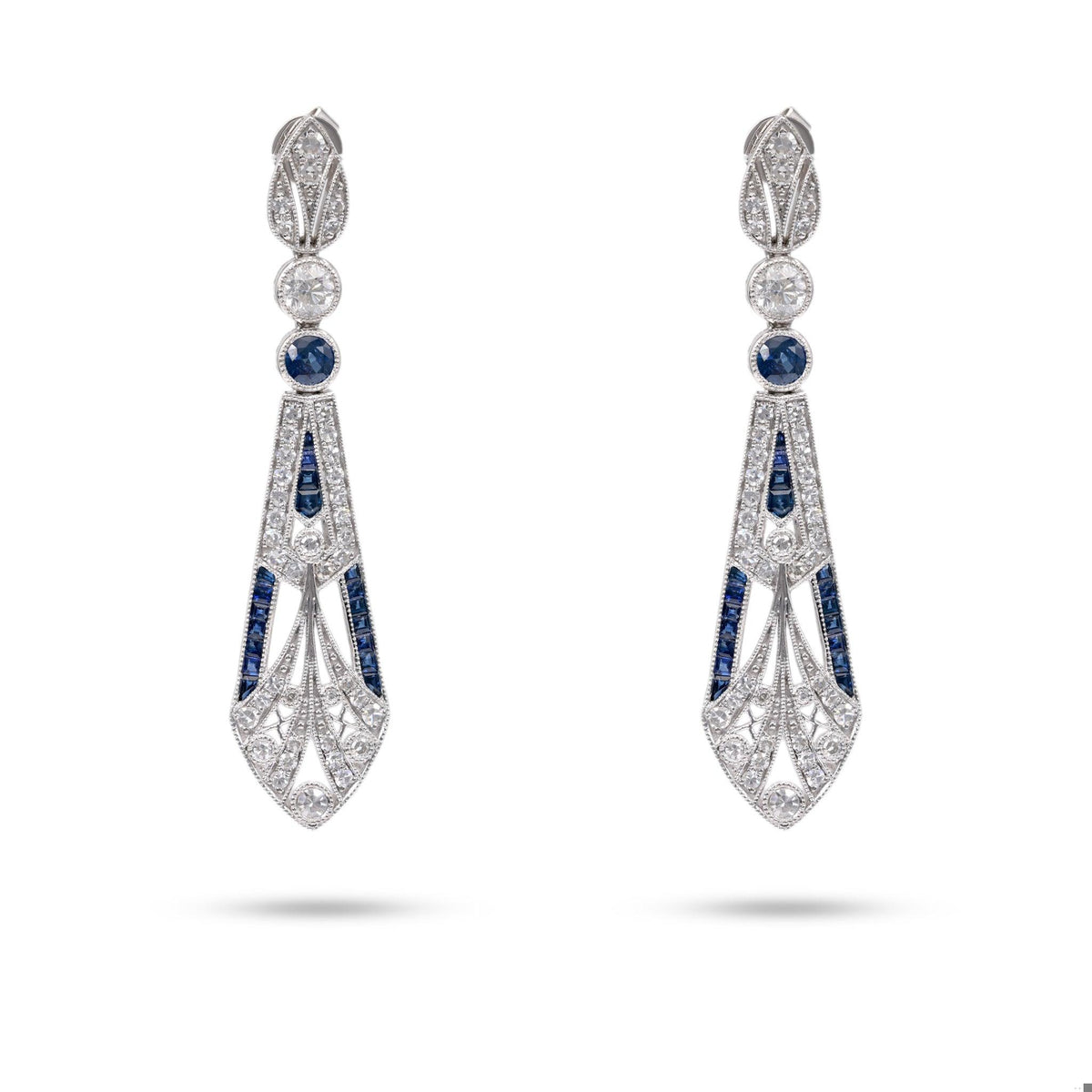 Art Deco Inspired Diamond Sapphire Platinum Dangle Earrings