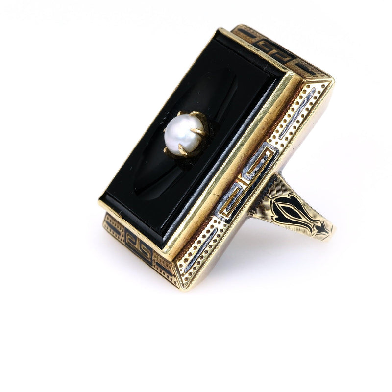 Art Deco Onyx Pearl 14k Yellow Gold Ring