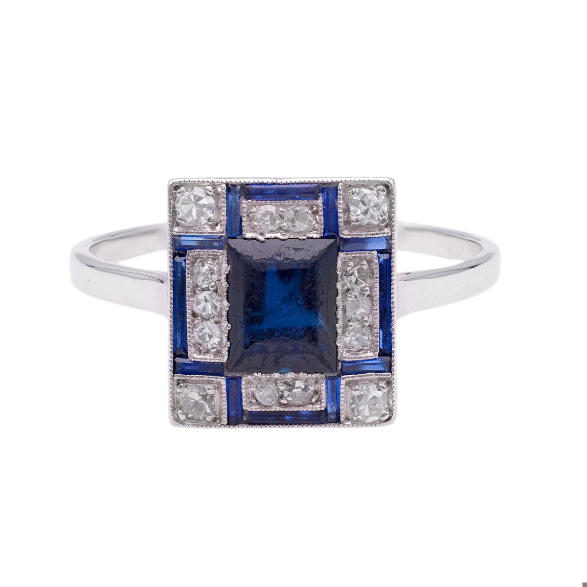 Art Deco Sapphire Diamond Platinum Geometric Ring