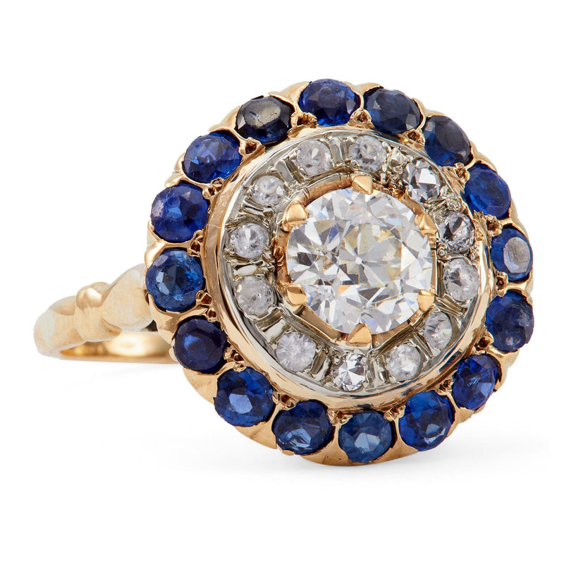 Art Deco Traub Orange Blossom GIA 1.06 Carat Diamond and Sapphire 14k Target Rin