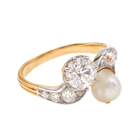 Belle Époque French GIA 0.82 Carat Diamond and Pearl Toi et Moi 18k Yellow Gold