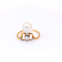 Belle Époque French Pearl and Diamond 18k Yellow Gold Platinum Tiara Ring