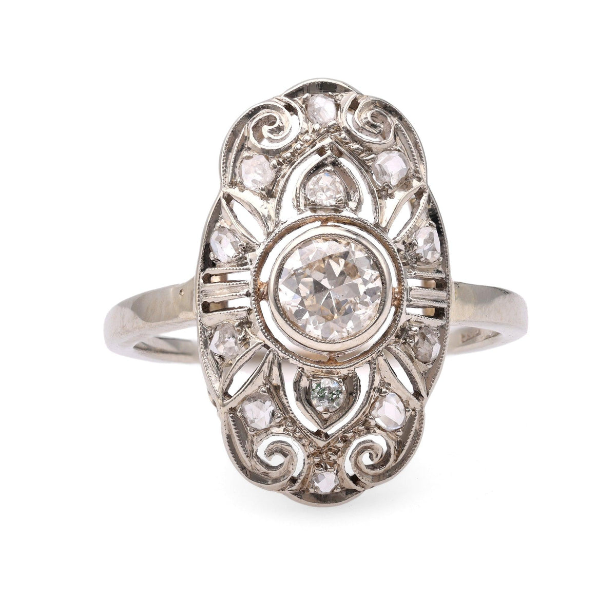 Edwardian Austrian Diamond 14k White Gold Navette Ring