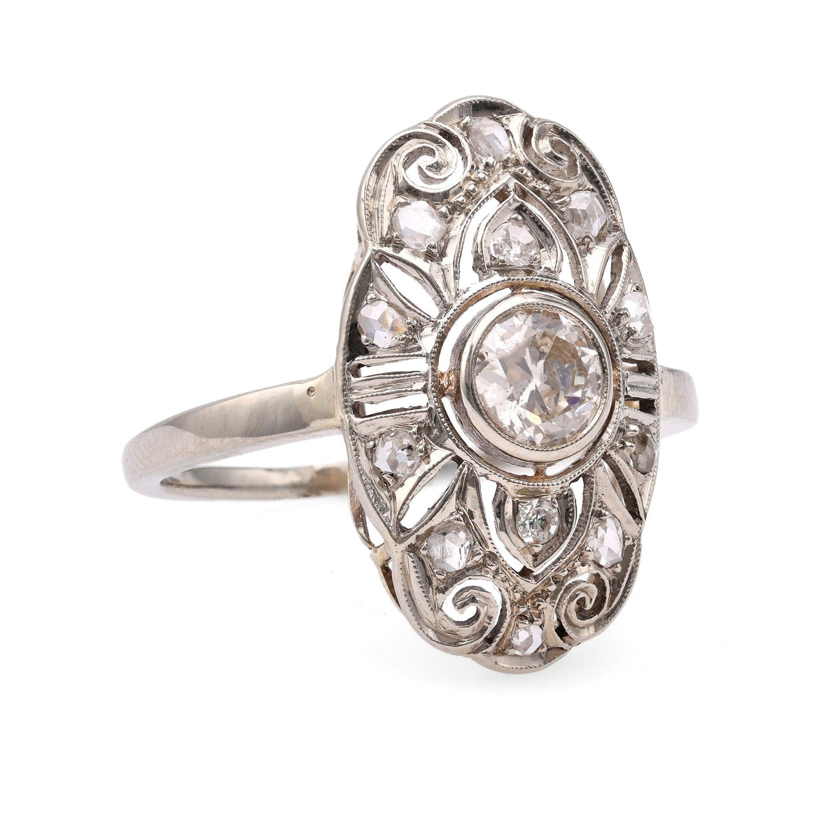 Edwardian Austrian Diamond 14k White Gold Navette Ring