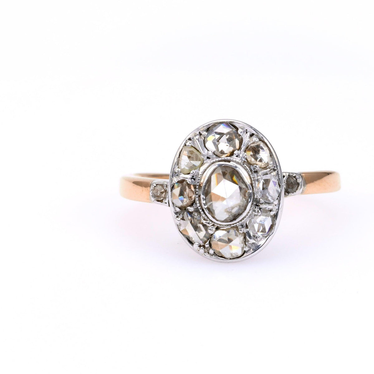 Edwardian Diamond 14k Rose Gold Silver Cluster Ring