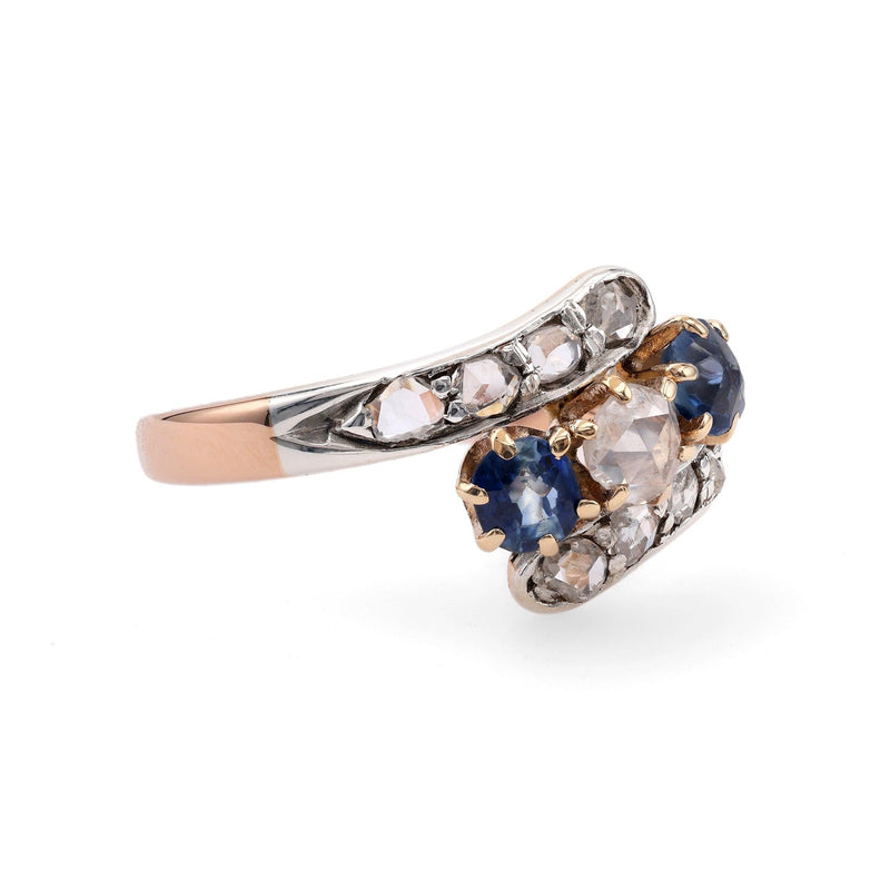 Edwardian Diamond Sapphire 18k Rose Gold Silver Bypass Ring