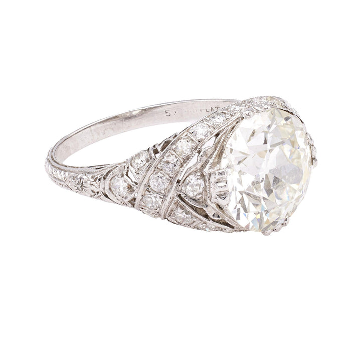 Edwardian GIA 4.14 Carat Old European Cut Diamond Platinum Filigree Ring